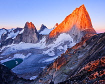 Granite spires (Snowpatch, Pigeon, Bugaboo, from left to right) above the Crescent Glacier, Bugaboo Provincial Park, British Columbia, Canada, August 2013.