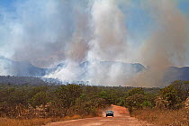 Fires at the peak of the dry season. Chapada dos Veadeiros National Park, Cerrado region, Goias, Brazil.