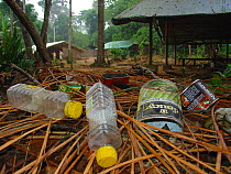 Non biodegradable rubbish in abandoned forest camp. Lokoue, Odzala-Kokoua National Park, Democratic Republic of Congo, May 2004.