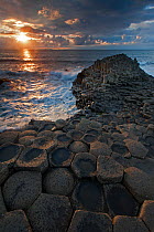 Sunset over the sea at Giant's Causeway, Causeway coast, Antrim county, Northern Ireland, UK, September 2013.
