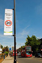 Banner saying &#39;Welcome to Islington, London&#39;s first twenty or 20 mile an hour borough&#39;, Islington, England, UK, June 2013.