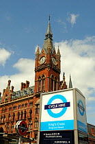 Barclays Cycle logo at King&#39;s Cross with St. Pancras Station, London Borough of Camden, England, UK, July 2013.