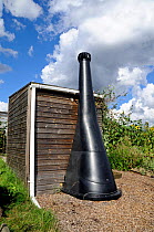 Compost toilet or lavatory with ventilation pipe showing at rear, Alexandra Palace Allotments, London Borough of Haringey, UK, September 2013.