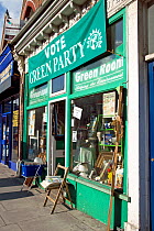 The Green Room, Green Party charity shop with banner saying Vote Green Party above, Archway Road, London Borough of Islington, England, UK, April 2008.
