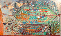 The Ancient Egyptian painted tomb chapel of Khnumhotep ll featuring remarkably accurate images of birds that include Masked Shrike, Red-backed Shrike, Hoopoe, Redstart, Pintails.  This is a scene show...