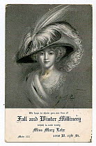 Promotional card promoting Mary Lehr Millinery in the US from 1900-1910s. Illustration depicts Egret plumes in hat.