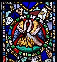19th century stained glass window in St Cuthbert's Chapel on Inner Farne Island, Northumberland depicting the Pelican-in-her-piety.  The Pelican-in-her-Piety is an allegorical depiction of Jesus Chris...