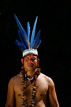 Guillermo Rodriguez Gomez - Shaman of the Bora Tribe, northern Amazon Basin, Peru. Wearing macaw feather head dress worn during shamanic ceremonies. September 2010.