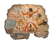 Painting from the tomb chapel of Nebanum, Thebes, Egypt. Late 18th Dynasty, around 1350 BC. Nebamun is shown hunting birds, in a small boat with his wife Hatshepsut and their young daughter, in the ma...