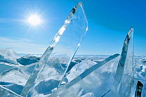Clear pane of ice on sunny day, Lake Baikal, Siberia, Russia, March.