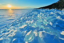 Ice pile of broken shelf ice, near the shore of Lake Baikal, Siberia, Russia, March.