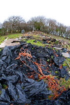 Farm rubbish and rubble dumped in sheep pasture, near Ilfracombe, Devon, UK, December 2013.