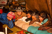 Chukchi family watching a movie on a notebook computer by candlelight inside a Yaranga (traditional tent) at a reindeer herder's camp. Iultinsky District, Chukotka, Siberia, Russia, August 2013.