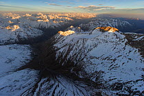View of Elbrus region over main ridge of Caucasus Mountains, Kabardino-Balkaria, Northern Caucasus Mountains, Russia, October 2013.