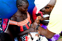 Baby receiving child receiving oral vaccine against polio, at infant medical centre, Canogo Island, Guinea-Bissau, December 2013.
