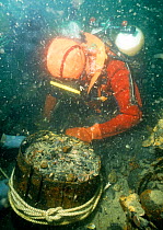 Diver examining barrel containing English East India Company coins from the wreck of the Admiral Gardner, wrecked 1809 on the Goodwin Sand, England.