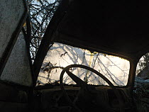 Steering wheel of abandoned car in car graveyard, Varmland, Sweden, December 2012.