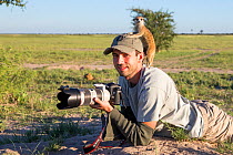 Meerkat (Suricata suricatta) using photographer Will Burrard-Lucas as a lookout post, Makgadikgadi Pans, Botswana. Model released.