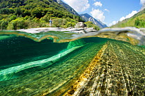 Split level view of blue green waters of Verzasca River flowing over granite rocks at Lavertezzo, Canton Tessin, Switzerland, September. Taken for the Freshwater Project.