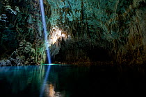 Anhumas Abyss a cave with freshwater lake, reflections of blue and green caused by magnezium and limestone in the cavern rocks, Bonito area, Serra da Bodoquena (Bodoquena Mountain Range), Mato Grosso...