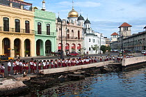 Schoolchildren lined up in row on Jose Marti day, Havana, Cuba, October 2011.