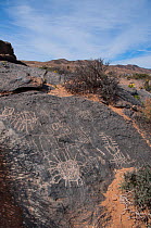 Petroglyphs on black dolomite rock, Richterveld National Park and World Heritage Site, Northern Cape, South Africa, August 2011.