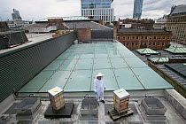 Bee keeper with hives on Manchester Art Gallery roof, England, UK, June 2014.