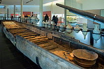 A Roman barge, dating from the time of Nero (50-55 AD) one of the oldest complete boats in the world, Museum of Ancient Arles, France, December 2013.