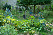 Garden at Abbaye de Villelongue / Villelongue Abbey with recycled furniture, Montolieu, Aude, France, September 2013.