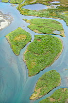 Aerial view of islands in the Vietasatno River near its source, Stora Sjofallet National Park, Greater Laponia Rewilding Area, Lapland, Norrbotten, Sweden, June 2013.