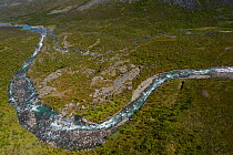 Aerial view of Vietasatno River near its source, Stora Sjofallet National Park, Greater Laponia Rewilding Area, Lapland, Norrbotten, Sweden, June 2013.
