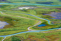 Aerial view of the Rapa river delta, Sarek National Park, Greater Laponia Rewilding Area, Lapland, Norrbotten, Sweden, June 2013.