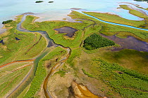 Aerial view of the Rapa river delta as it flows into Lake Laitaure, Sarek National Park, Greater Laponia Rewilding Area, Lapland, Norrbotten, Sweden, June 2013.