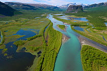 RF- Aerial view of the Rapa river delta with distant mountains, Sarek National Park, Greater Laponia Rewilding Area, Lapland, Norrbotten, Sweden, June 2013. (This image may be licensed either as right...