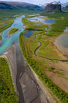 Aerial view of the Rapa river delta with distant, Sarek National Park, Greater Laponia Rewilding Area, Lapland, Norrbotten, Sweden, June 2013.