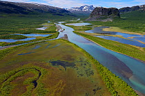 Aerial view of the Rapa river delta with distant mountains, Sarek National Park, Greater Laponia Rewilding Area, Lapland, Norrbotten, Sweden, June 2013.