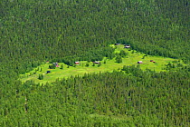 Aerial view of houses in forest clearing, Sarek National Park, Greater Laponia Rewilding Area, Lapland, Norrbotten, Sweden, June 2013.