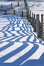 Fence with shadows on snow, Buffalo Ranch, Lamar Valley, Yellowstone National Park, Wyoming, USA, January 2014.