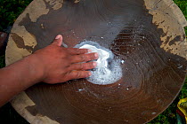 Villager using his bare hands to mix the toxic mercury during gold extraction, Bolivia, November 2013.