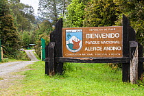 Welcome signpost at entrance to Alerce Andino National Park, Chile, South America.