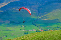 Paraglider with walkers in distance, at Mam tor, Peak District National Park, Derbyshire, England, May 2014