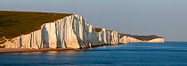 View of the Seven Sisters chalk cliffs, South Downs National Park, East Sussex, England, UK, May 2009.