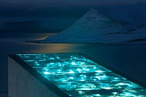 Svalbard Global Seed Vault, with glittering facade designed by artist Dyveke Sanne., on the roof of the Svalbard Global Seed Vault. Light reflected in steel, mirrors, and prisms in landscape, Svalbard...