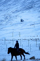 Man riding horse in front of fences and Svalbard Global Seed Vault, Norway, October 2012.