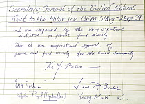 Signed statement from the UN secretary general, after their visited to the Svalbard Seed Vault in 2009.
