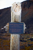 Sign indicating where Hjalmar Johansen and Fridtjof Nansen overwintered in Arctic Russia, during Fram Expedition, 1895-96, Franz Josef Land, Russia, July 2004.