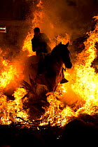 Young man jumping through fire to purify his horse, during the Luminarias festival, held every January in San Bartolome de Pinares, Avila Province, Castile and Leon, Spain, January 2014.