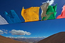 Prayer flags over a Holy Mountain, Mount Qomolangma National Park, Dingjie County, Qinghai-Tibet Plateau, Tibet, China, Asia May 2013.