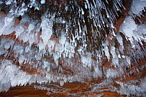 Icicles hanging from sandstone ceiling in sea cave, Apostle Islands National Lakeshore, Lake Superior, Squaw Bay, Wisconsin, January 2014.
