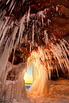 Icicles hanging from sandstone archway, Apostle Islands National Lakeshore, Lake Superior, Squaw Bay, Wisconsin, January 2014.
